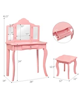 Costway Vanity Table Set Makeup Dressing Kids Stool Mirror