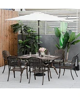 Outsunny 7-Piece Patio Dining Set, Cast Aluminum Outdoor Furniture Set with 6 Armchairs, 1 Table and Umbrella Hole, Bronze