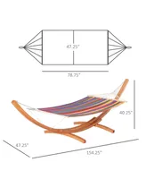 Outsunny 1-Person Hammock with Stand Set for Outside & Inside, 154" x 47" Wooden Frame, Cotton Fabric Bed, Safety Cords, 330 lbs. Weight Capacity, Ind