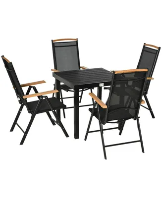 Outsunny Patio Dining Set, 5 Piece Outdoor Furniture Set, 4 Folding Reclining Chairs with Adjustable Backrests, A Slat Dinner Table, Black