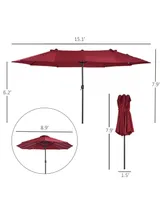 Outsunny 15' Steel Rectangular Outdoor Double Sided Market Patio Umbrella with Uv Sun Protection & Easy Crank, Wine Red