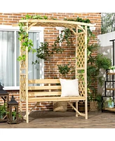 Outsunny Patio Garden Bench Arbor Arch with Pergola and 2 Trellises, 3 Seat Natural Wooden Outdoor Bench for Grape Vines & Climbing Plants, Backyard D