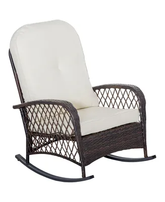 Outsunny Outdoor Wicker Rocking Chair with Wide Seat, Thick, Soft Cushion, Rattan Rocker w/Steel Frame, High Weight Capacity for Patio, Garden, Backya