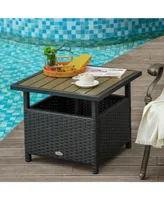 Outsunny 22'' Rattan Wicker Side Table with Steel Frame, Umbrella Insert Hole, Sand Bag for Outdoor, Patio, Garden, Backyard, Black