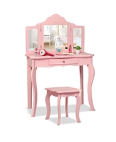 Costway Vanity Table Set Makeup Dressing Kids Stool Mirror