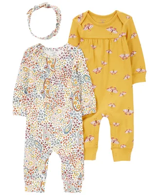 Carter's Baby Girls Pink Floral 3-Piece Jumpsuit and Headband Set