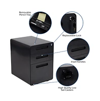 Emma+Oliver Ergonomic 3-Drawer Mobile Locking Filing Cabinet Storage Organizer
