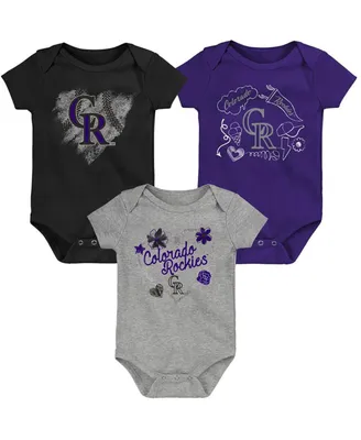 Girls Newborn and Infant Black, Purple, Heathered Gray Colorado Rockies 3-Pack Batter Up Bodysuit Set