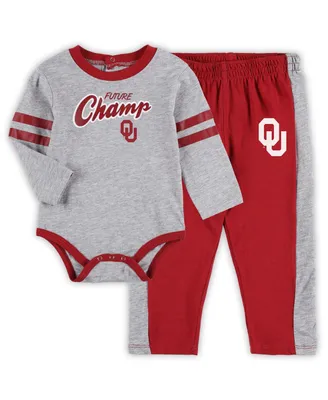 Newborn and Infant Boys Girls Heather Gray, Crimson Oklahoma Sooners Little Kicker Long Sleeve Bodysuit Sweatpants Set