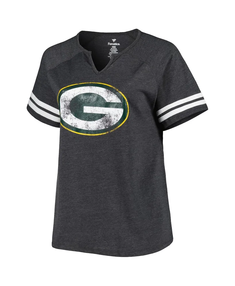 Women's Fanatics Heather Charcoal Green Bay Packers Plus Size Logo Striped Raglan Notch Neck T-shirt