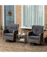 Outsunny 3-Piece Patio Bistro Set, Pe Rattan Wicker Outdoor Furniture with 360° Swivel Rocking Chairs and Soft Cushion, Glass Top Table for Porch