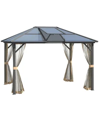 Outsunny 10' x 12' Hardtop Gazebo Canopy with Polycarbonate Roof, Top Vent and Aluminum Frame, Permanent Pavilion Outdoor Gazebo with Netting, for Pat