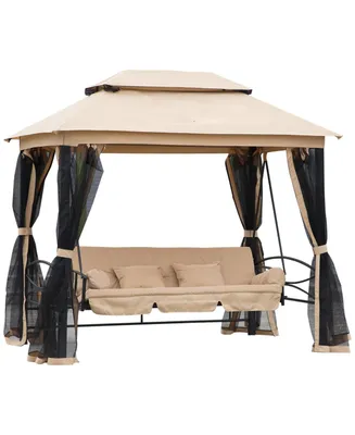 Outsunny 3 Person Patio Swing Chair, Gazebo Swing with Double Tier Canopy, Cushioned Seat, Mesh Sidewalls