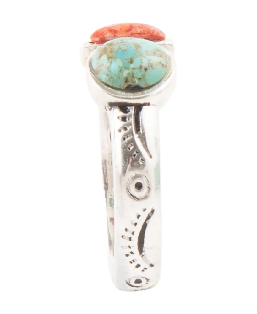 Barse Out West Genuine Blue Turquoise and Orange Sponge Coral Thin Band Ring