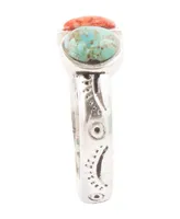 Barse Out West Genuine Blue Turquoise and Genuine Orange Sponge Coral Thin Band Ring