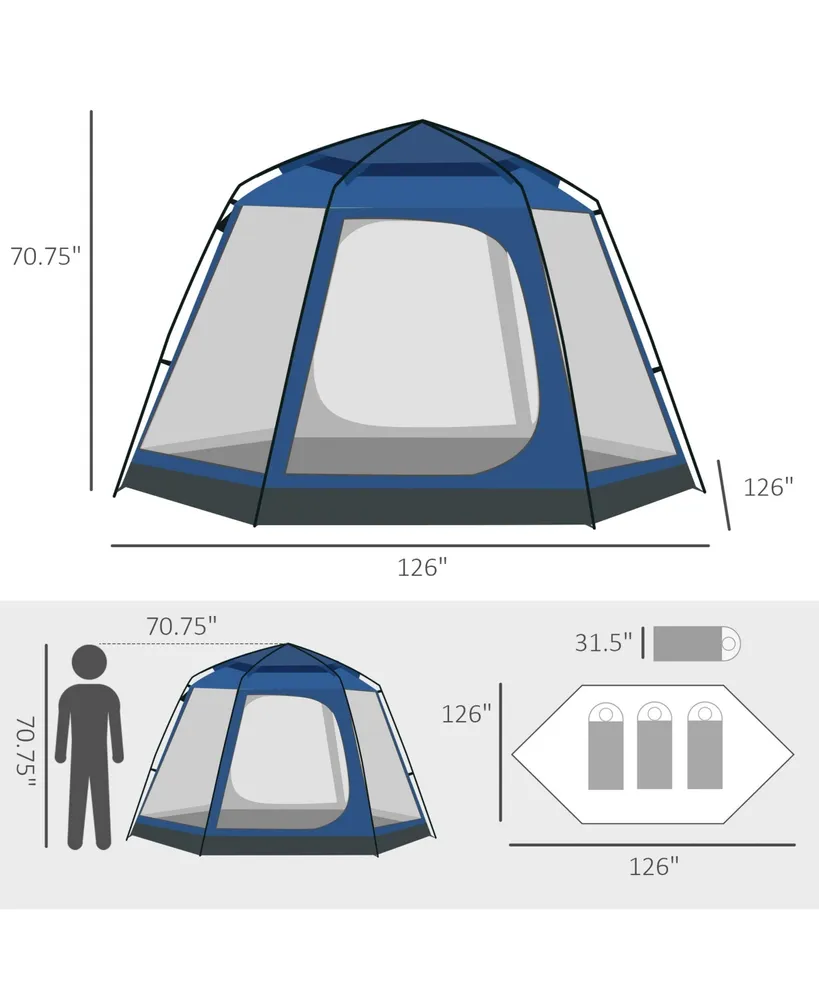 Outsunny 6 Person Camping Tent, Waterproof Rain Cover, Easy Pop Up Hexagon Design, Family / Party Sized, Mesh, 2 Pockets for Hiking, Backpacking, Hunt