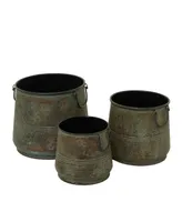 Brass Metal Indoor Outdoor Distressed Bucket Style Planter with Side Ring Handles Set of 3