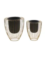 Black Metal Indoor Outdoor Planter with Removable Gold-Tone Wire Stand Set of 2