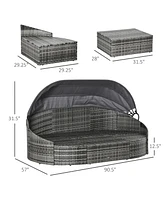 Outsunny 4-Piece Outdoor Rattan Furniture Set, Round Convertible Patio Daybed or Sunbed, Sectional Sofa with Canopy, Pillows, Cushions, Footrest, Tabl