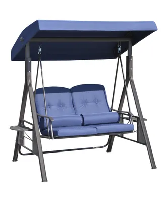 Outsunny 2-Person Patio Swing Bench with Adjustable Shade Canopy, Soft Cushions, Throw Pillows & Tray, Dark Blue