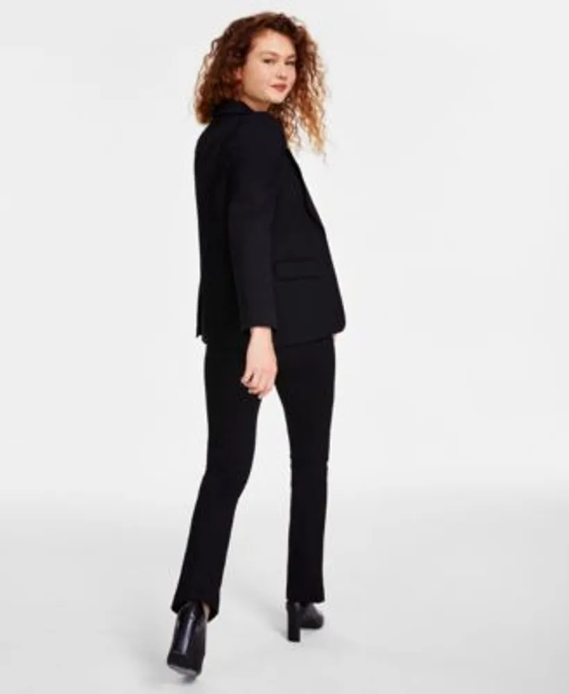 Cece Womens Puff Shoulder Open Front Long Sleeve Blazer Soft Texture V Neck Button Front Blouse Front Slit Straight Leg Pull On Ponte Pants