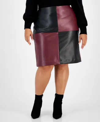 Bar Iii Plus Size Colorblocked Faux-Leather Skirt, Created for Macy's