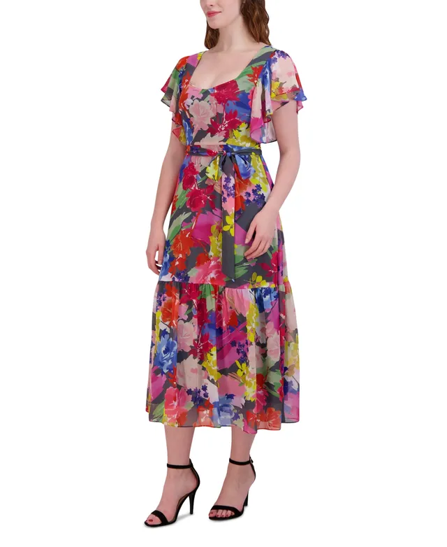 donna ricco midi dresses Donna Rico Women's Printed Square-neck Midi Dress In Blue