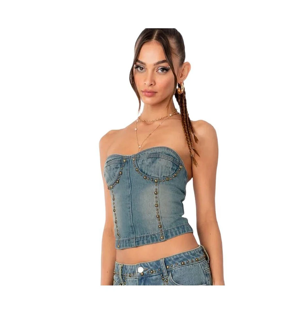 Women's Studded Washed Denim Lace Up Corset Top