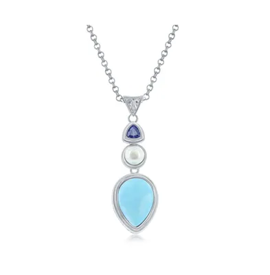 Sterling Silver Pearshaped Larimar with Fwp and Tanzanite Cz Necklace