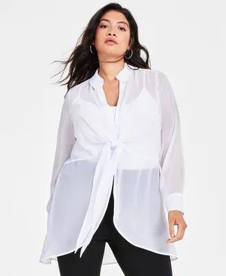 Bar Iii Plus Tie-Front Semi-Sheer Blouse, Created for Macy's
