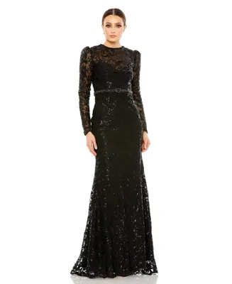 Women's Embellished High Neck Long Sleeve Gown