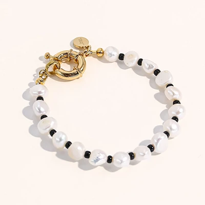 Joey Baby 18K Gold Plated Freshwater Pearl with Black Japanese Beads - Victoria Bracelet 8" For Women and Girls