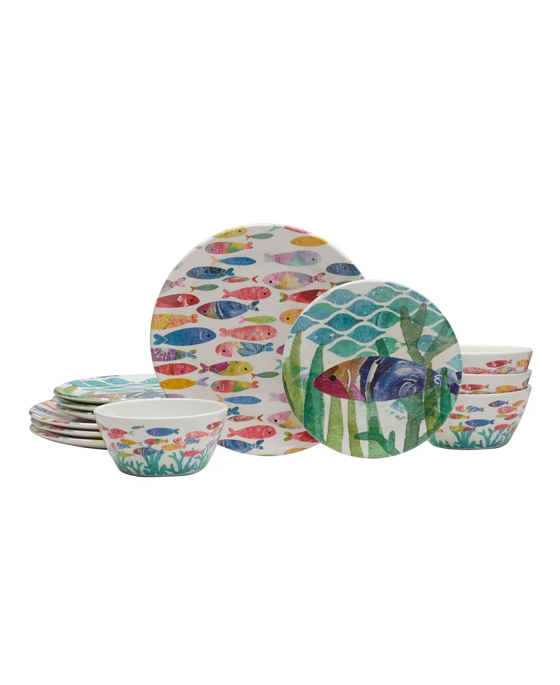 Fitz and Floyd Flamingo Fling Melamine 12 Piece Dinnerware Set, Service for 4