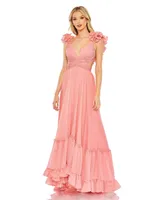 Mac Duggal Women's Ruffle Sleeve Sweetheart A Line Gown