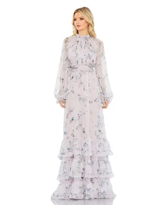 Women's Floral Print Ruched Raglan Sleeve Tiered Gown