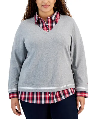 Tommy Hilfiger Plus Size Plaid Layered-Look Cotton Sweater