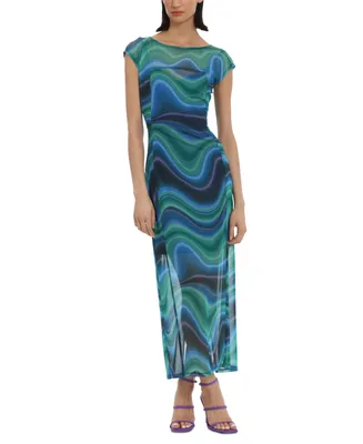 Donna Morgan Women's Wave-Print Mesh Maxi Dress