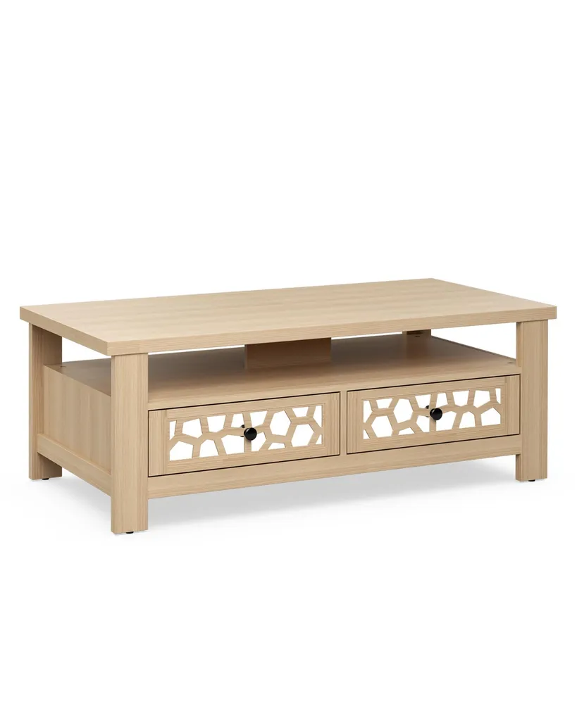 Coffee Table with2 Drawers & Open Shelf Modern Rectangular Wood