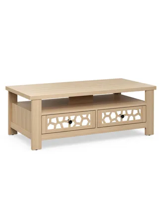 Coffee Table with2 Drawers & Open Shelf Modern Rectangular Wood