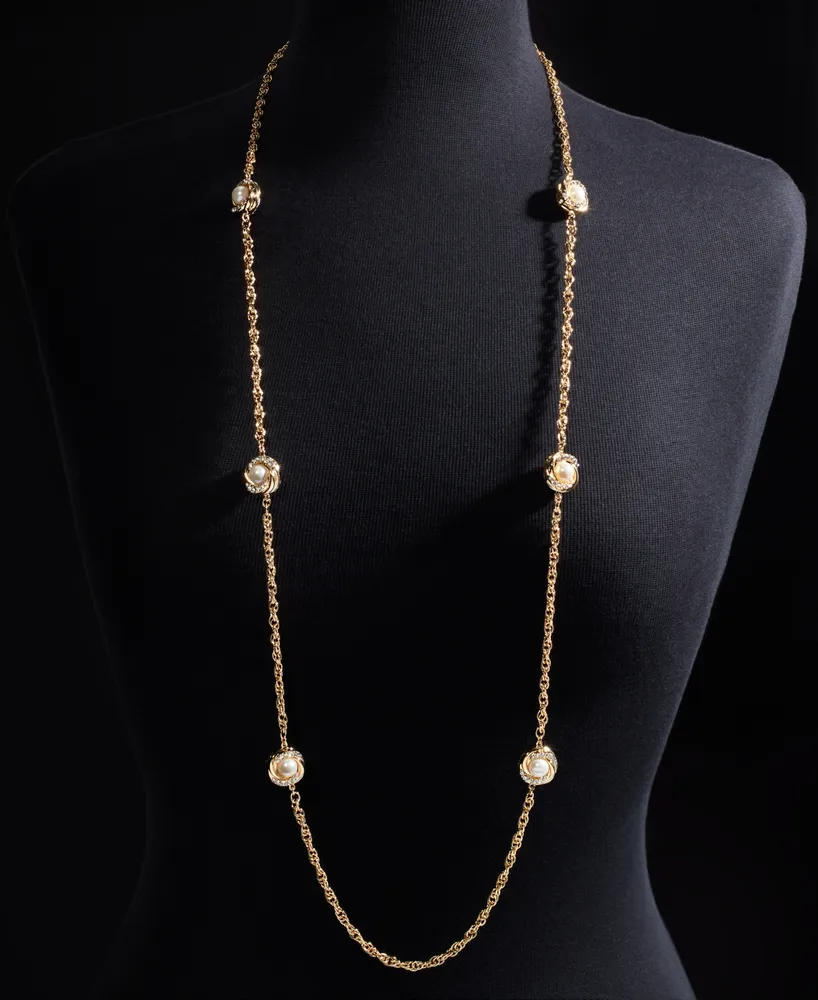 Charter Club Gold-Tone Pave & Imitation Pearl Station Necklace, 42" + 2" extender, Created for Macy's