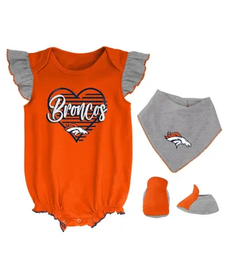 Girls Newborn and Infant Orange, Heathered Gray Denver Broncos All The Love Bodysuit Bib and Booties Set