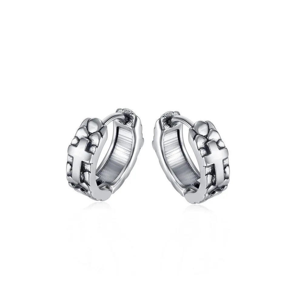 Stainless Steel Oxidized Pebbled Cross Huggie Hoop Earrings