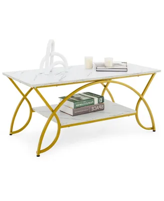 Costway Coffee Table Modern Marble 2-Tier Coffee Table Gold Rectangle