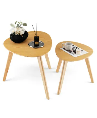 Costway Nesting Table Set of 2 Triangle Modern Coffee Table Rubber Wood
