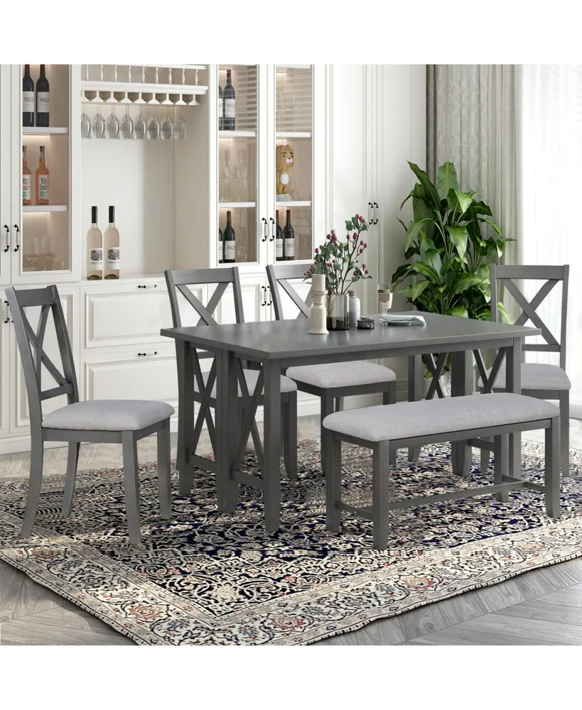 Simplie Fun 6-Piece Family Dining Room Set Solid Wood Space Saving Foldable Table And 4 Chairs With Bench