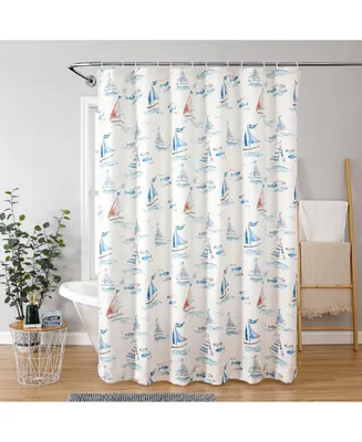Kate Aurora Maritime Blues Coastal Sailboats And Fish Fabric Shower Curtain - 72 in. Wide x 72 in. Long