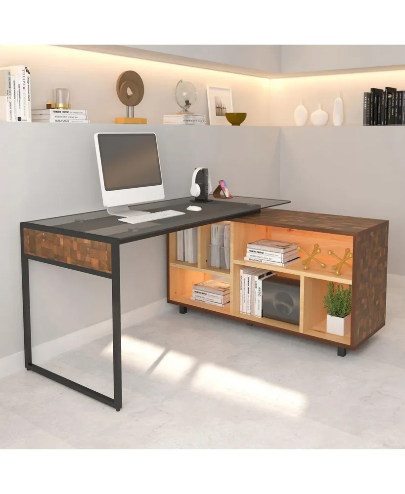 Simplie Fun L-shaped Corner Desk with Multiple Storage, Oak