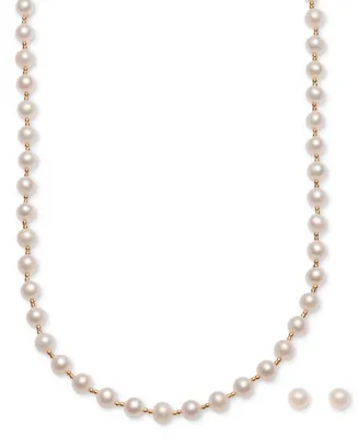2-Pc. Set Cultured Freshwater Pearl (6mm) Beaded Collar Necklace & Stud Earrings in 18k Gold-Plated Sterling Silver