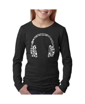 Big Girl's Word Art Long Sleeve T-Shirt - Music Note Headphones
