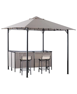 Outsunny 8' x 8' 3-Piece Patio Bar Set with Gazebo Canopy 2 Bar Stools and Bar Table with Storage Shelf for Poolside, Backyard, Garden